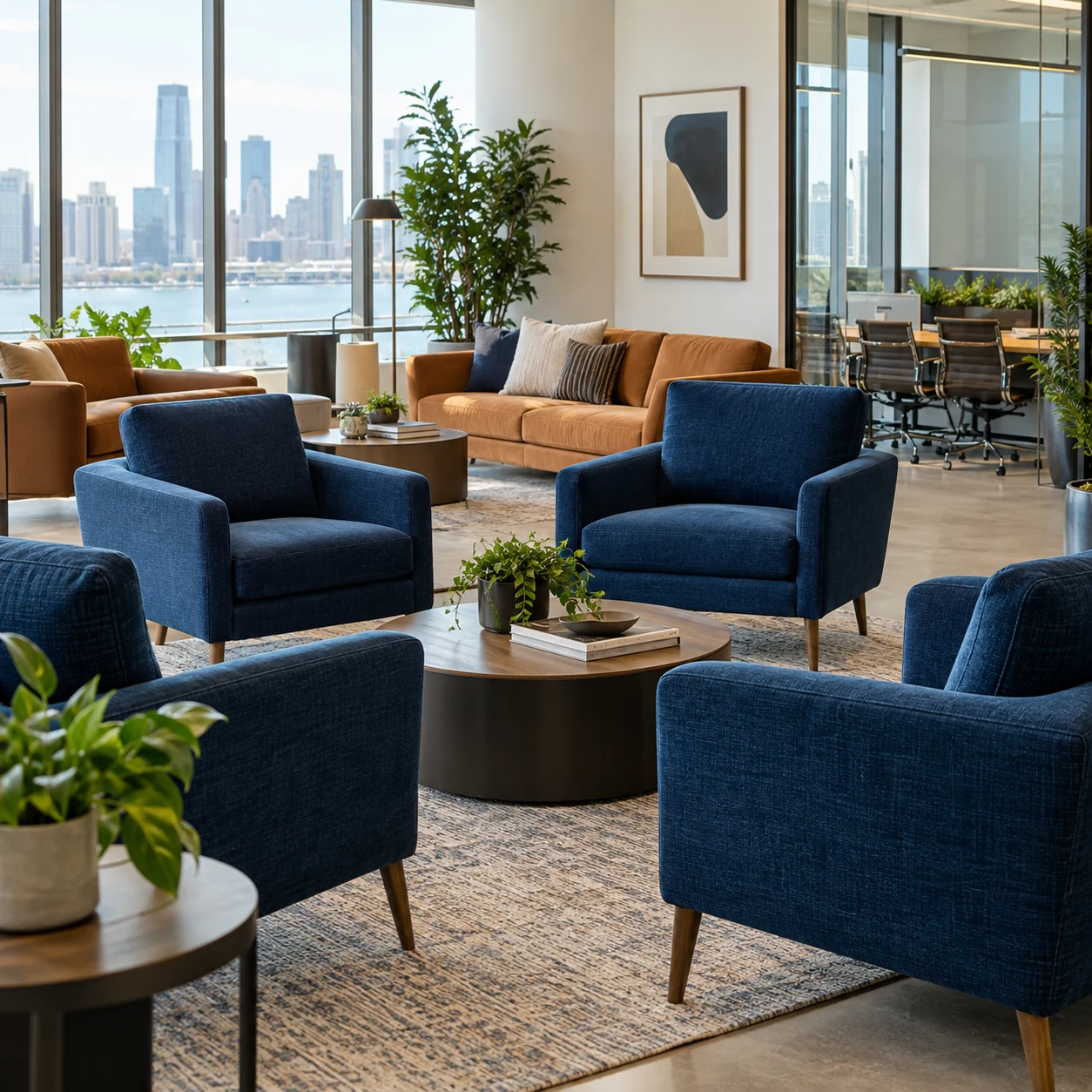 Blue fabric lounge chairs in an office