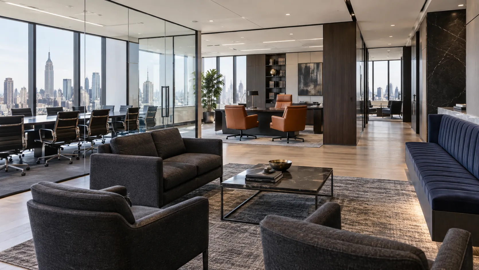 Charcoal sofas in an office lounge