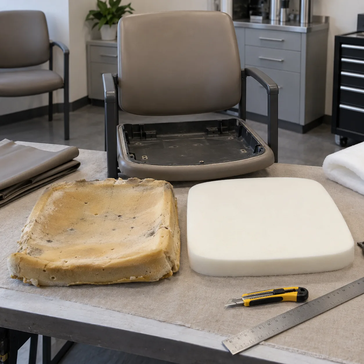 Old yellowed foam beside new white foam for a waiting room chair seat