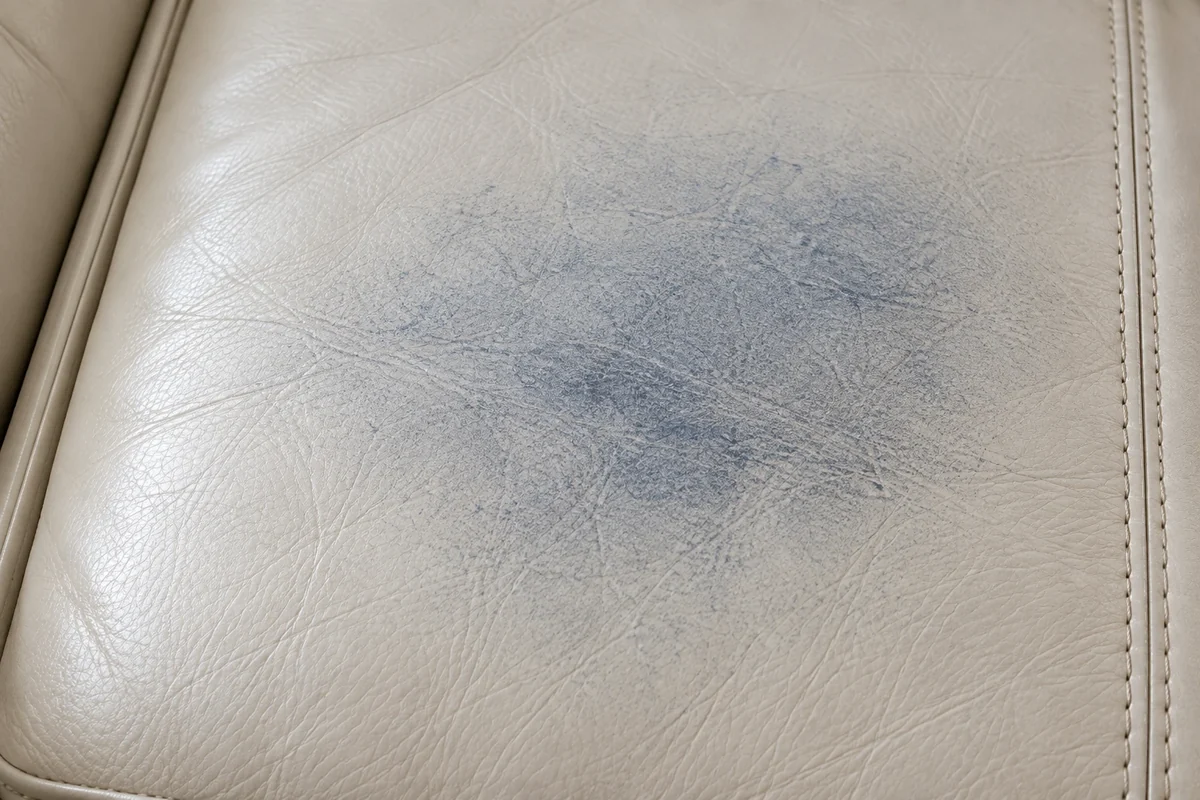 Older blue dye absorbed into a pale leather panel with soft edges