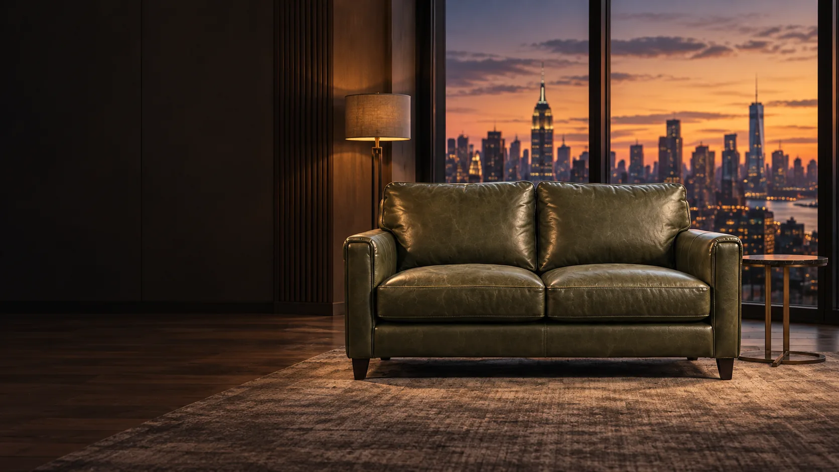 Olive leather loveseat facing the Manhattan skyline at dusk