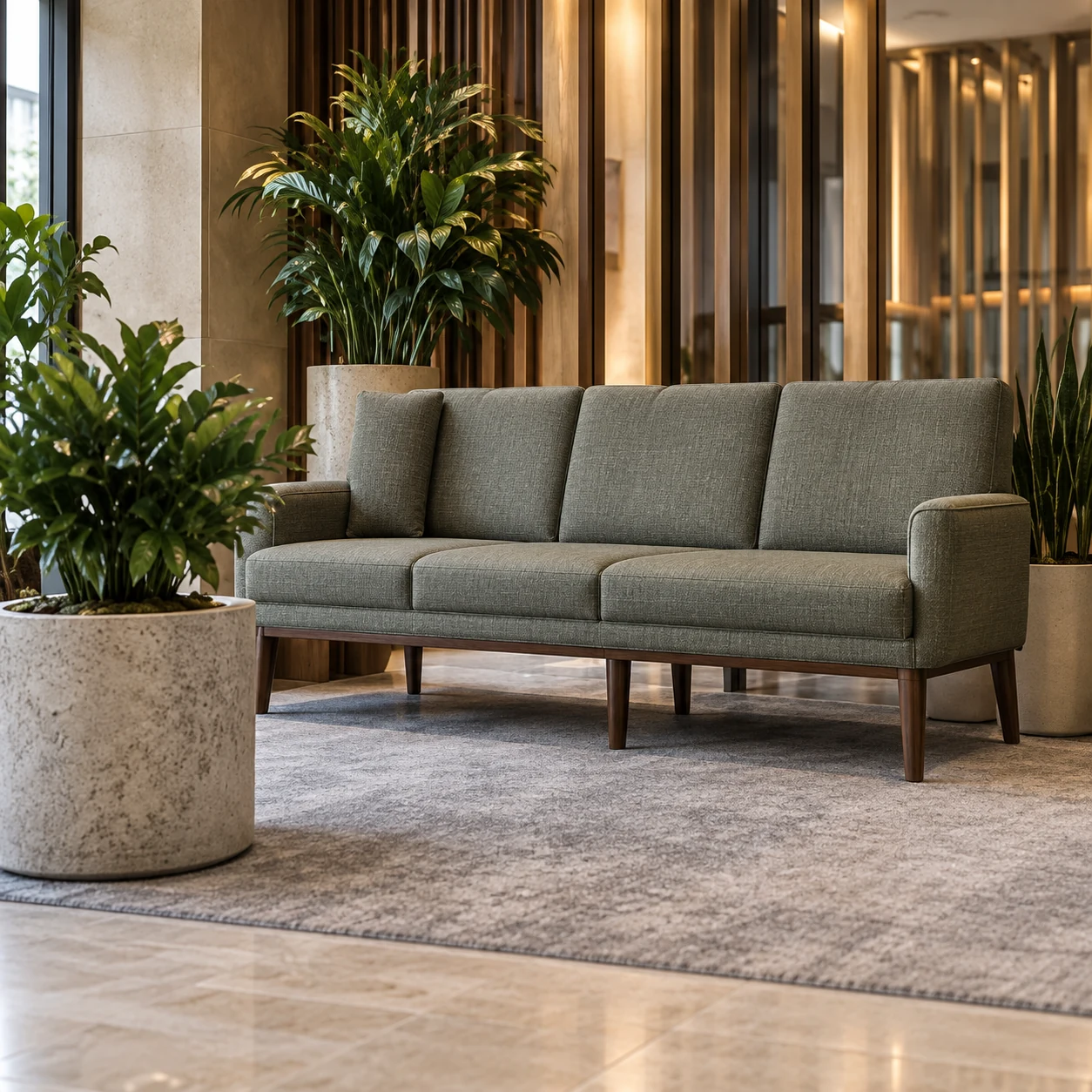 Sage green lobby sofa against a slatted wood wall