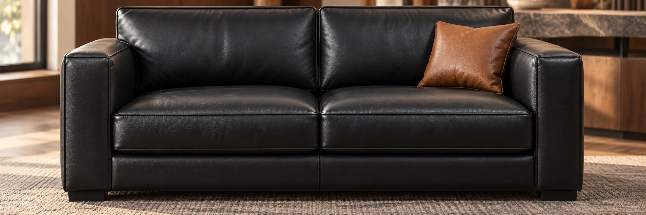 Black leather sofa covered by an on-demand furniture repair contract