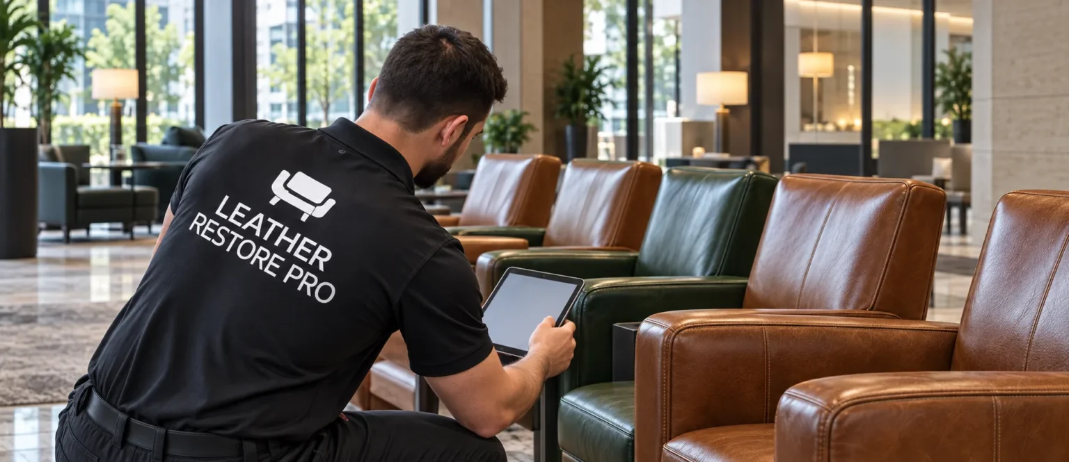 Technician maintaining leather lounge chairs on site