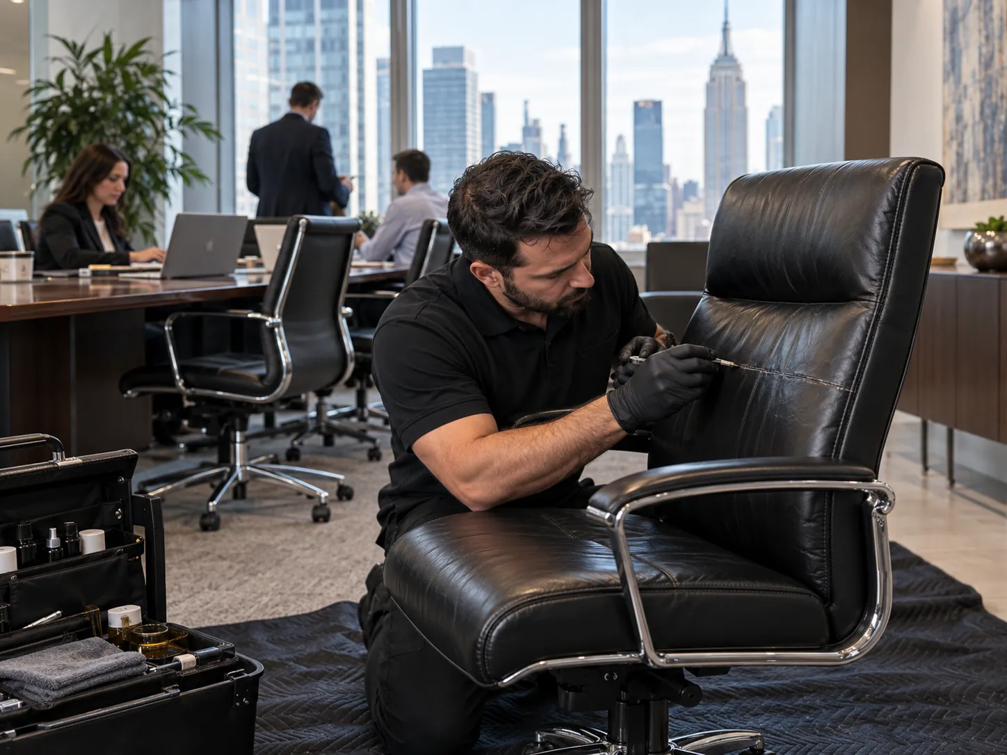 A technician repairs a black leather office chair on site