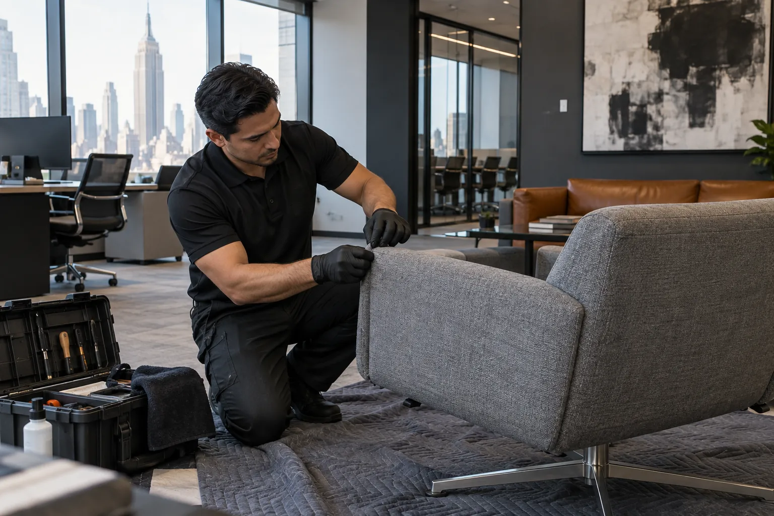 A technician reupholsters a gray office lounge chair on site