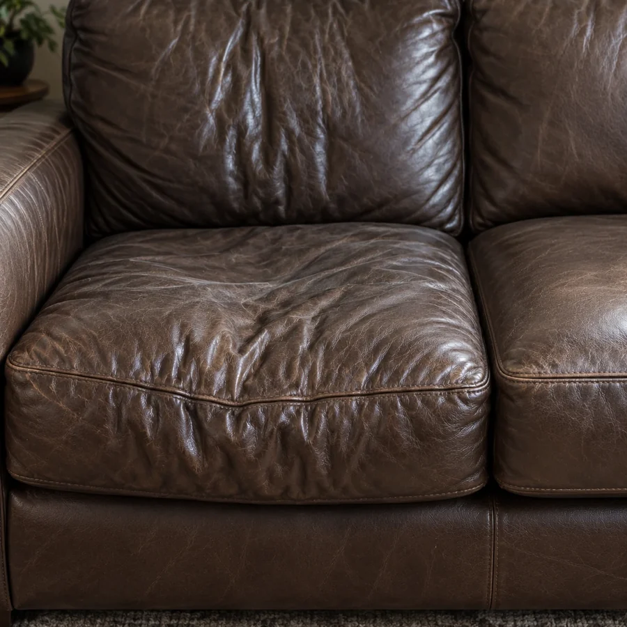 Brown leather sofa where the left seat cushion has gone visibly softer than the one beside it