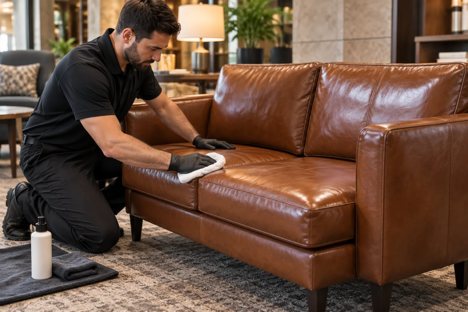Tan leather lobby sofa being refreshed during a single one-time commercial furniture service visit