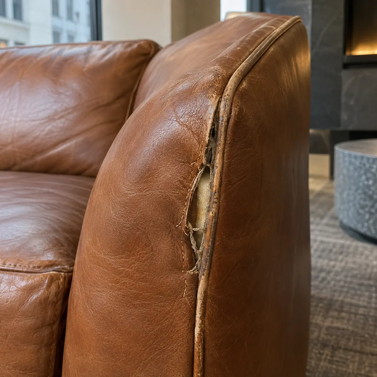 An opened piped seam on the arm of a cognac lobby sofa