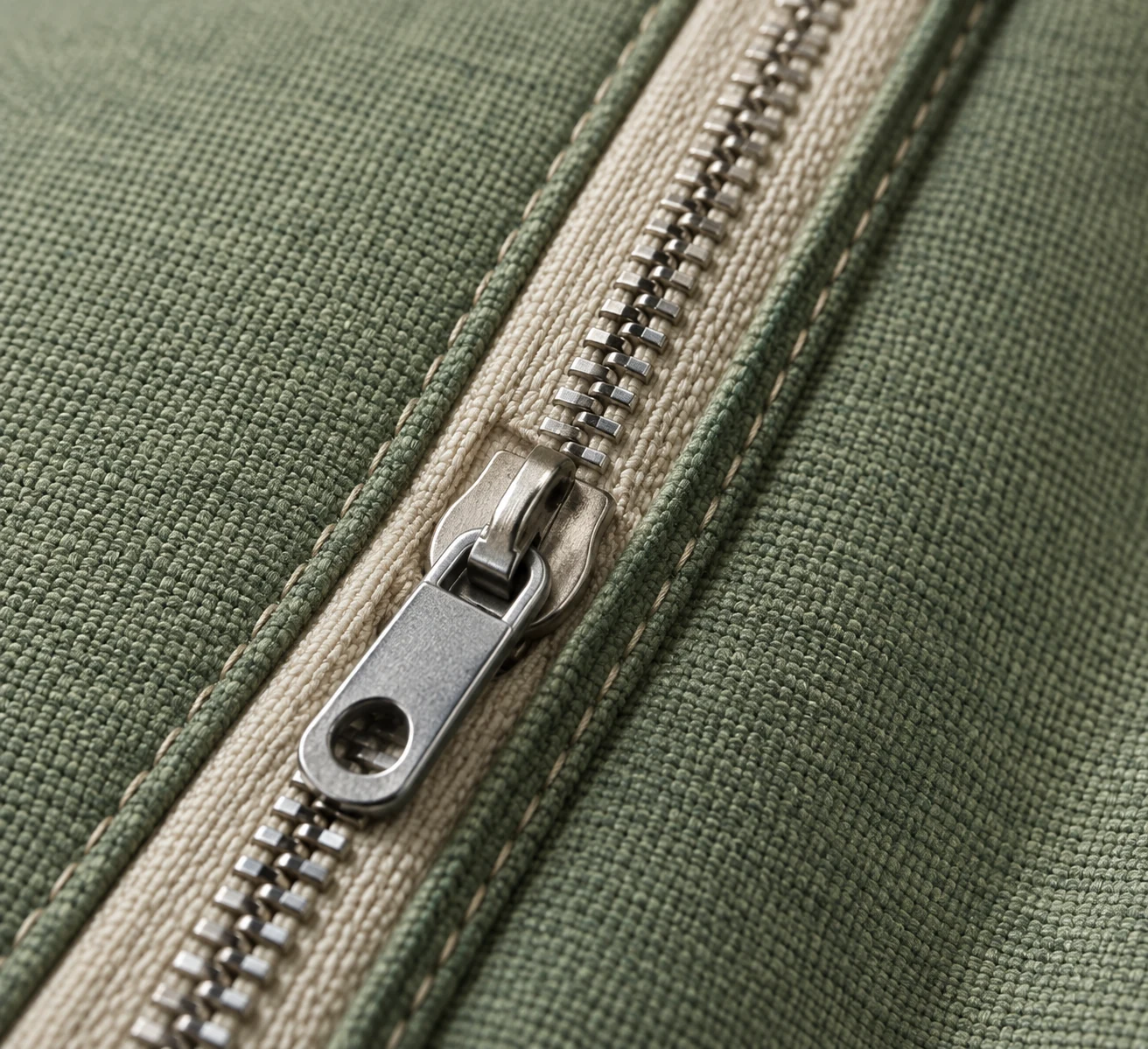 Heavy moulded zipper set into the side of a green outdoor cushion