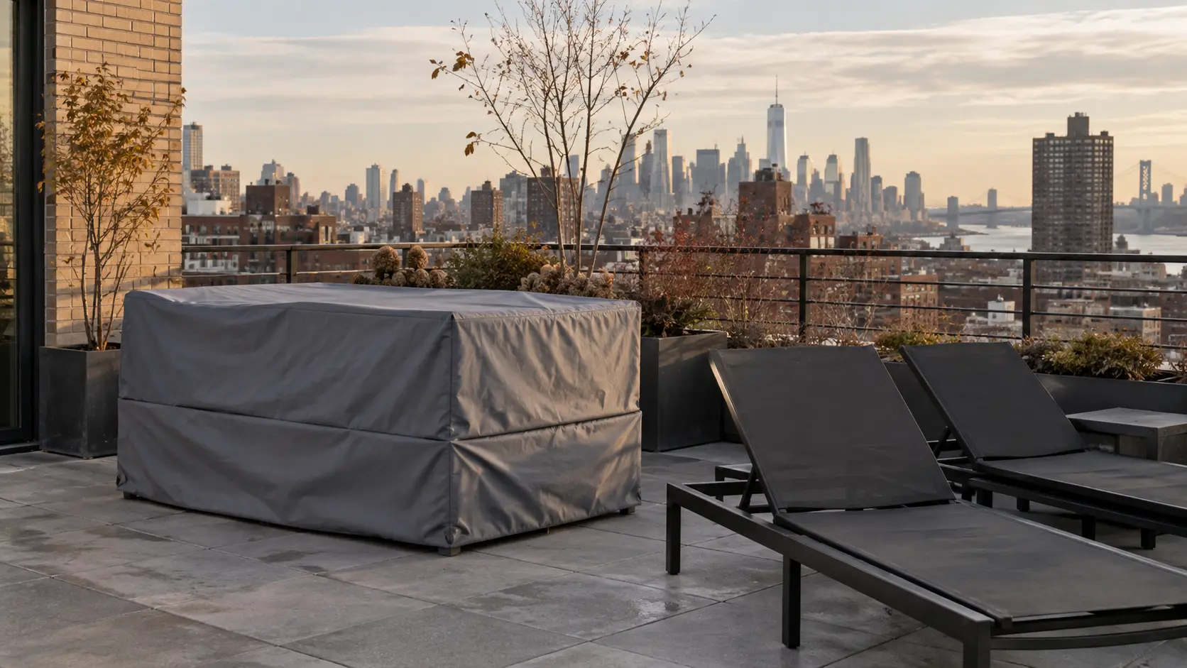 Roof deck cushions stacked and covered for the off season
