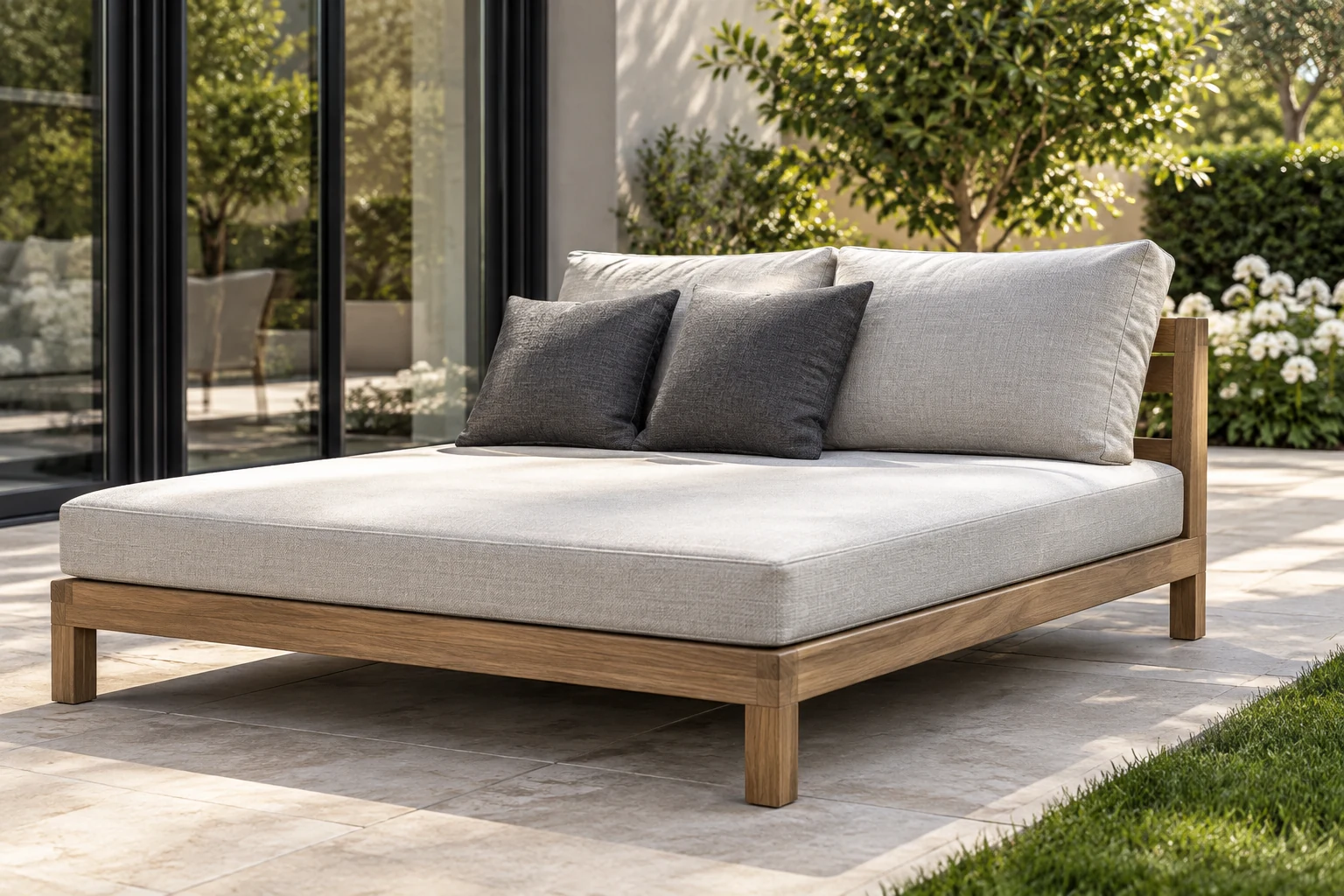 Outdoor daybed with grey mattress cushion and bolsters on a terrace