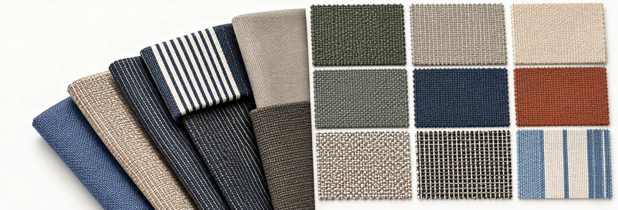 Fan of outdoor fabric swatches beside a grid of woven and striped samples