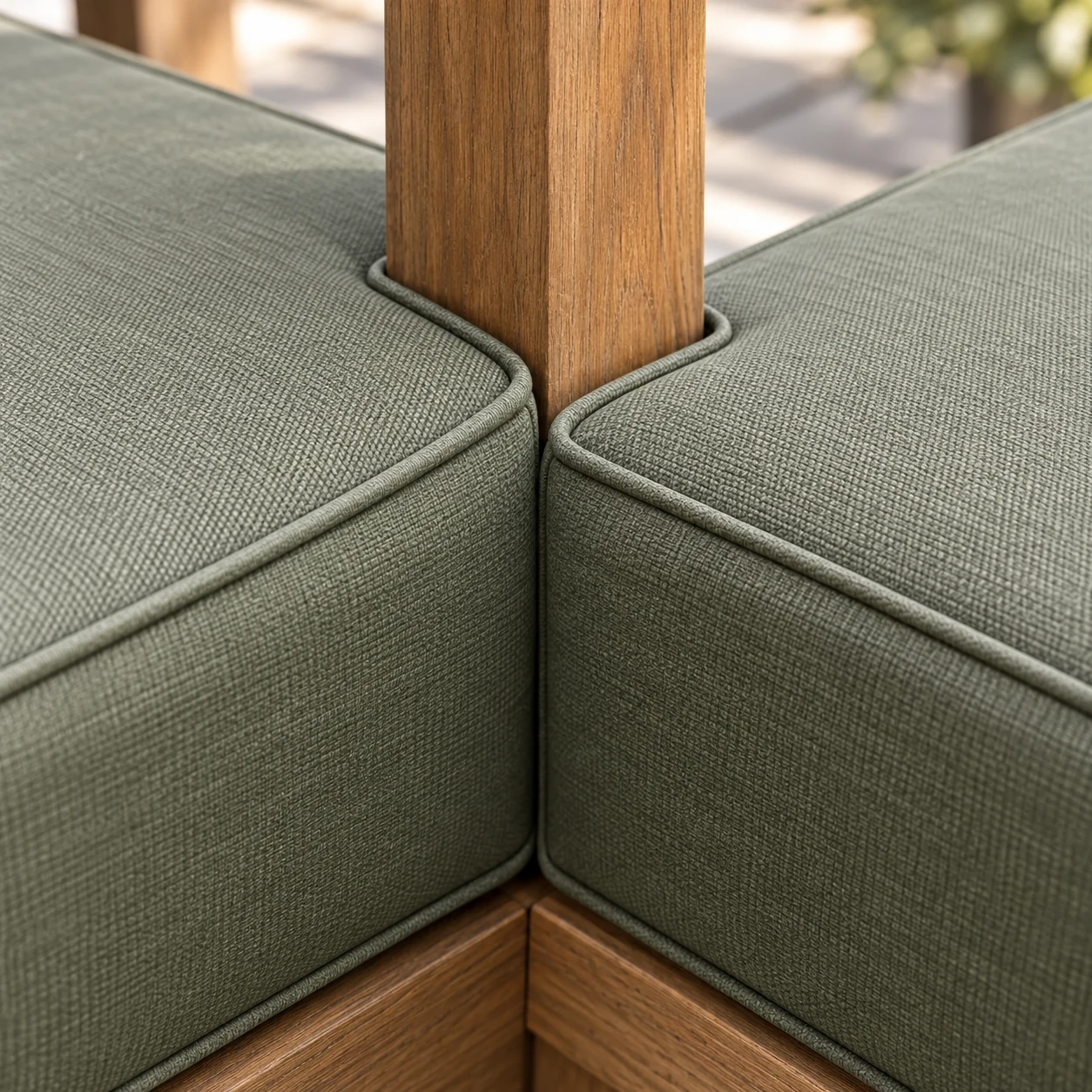 Two outdoor sectional cushions meeting in a mitred corner around a teak post