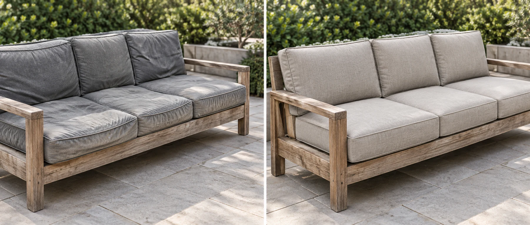 Before and after of an outdoor sofa, dark grey cushions replaced with cream ones on the same teak frame