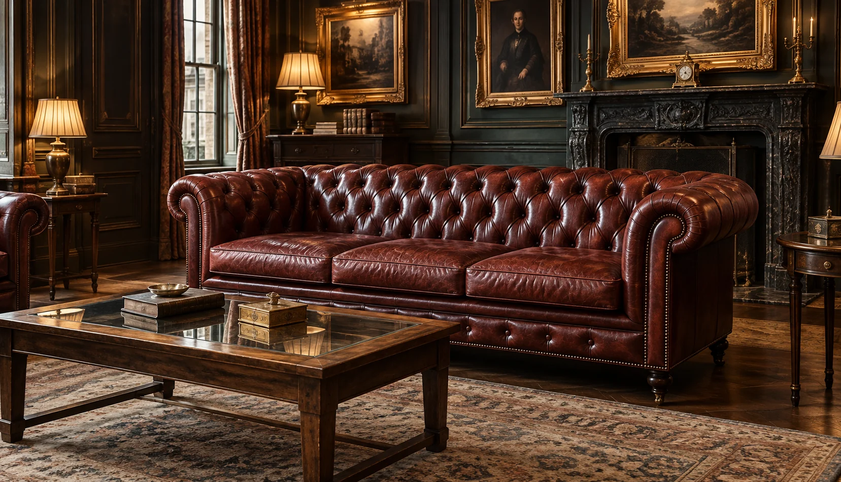 Oxblood chesterfield beside a fireplace
