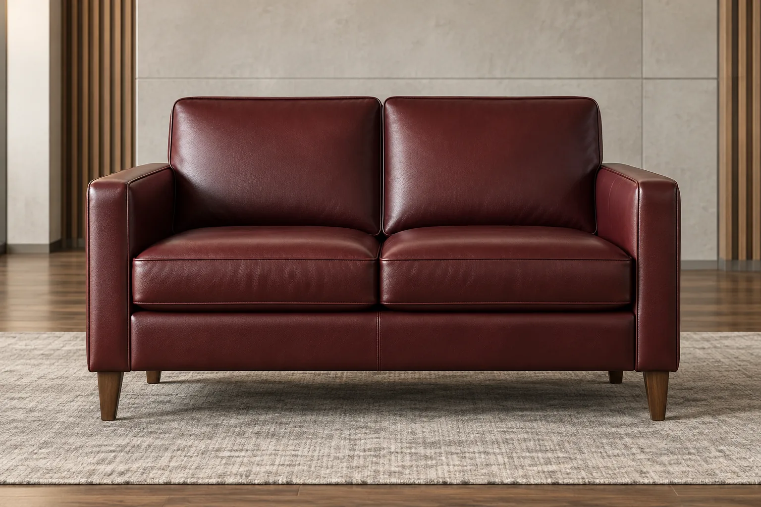 Oxblood leather loveseat with track arms