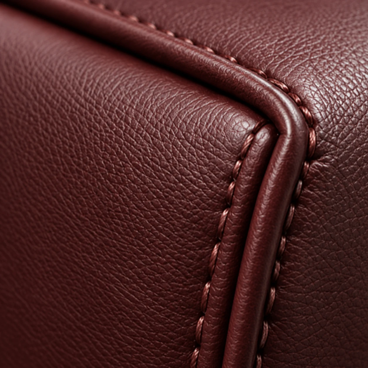 Macro view of piping and double stitching on an oxblood upholstered corner