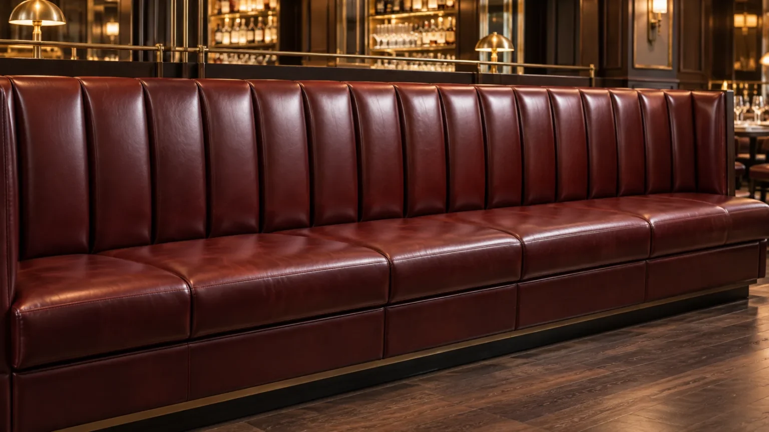 Long oxblood leather channel-back banquette in a restaurant
