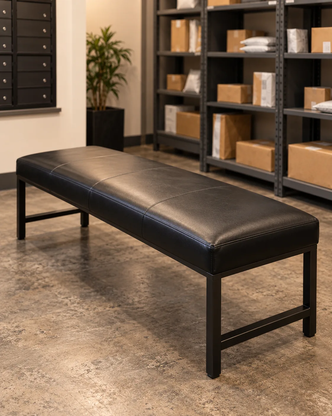 A bench seat in a building package room