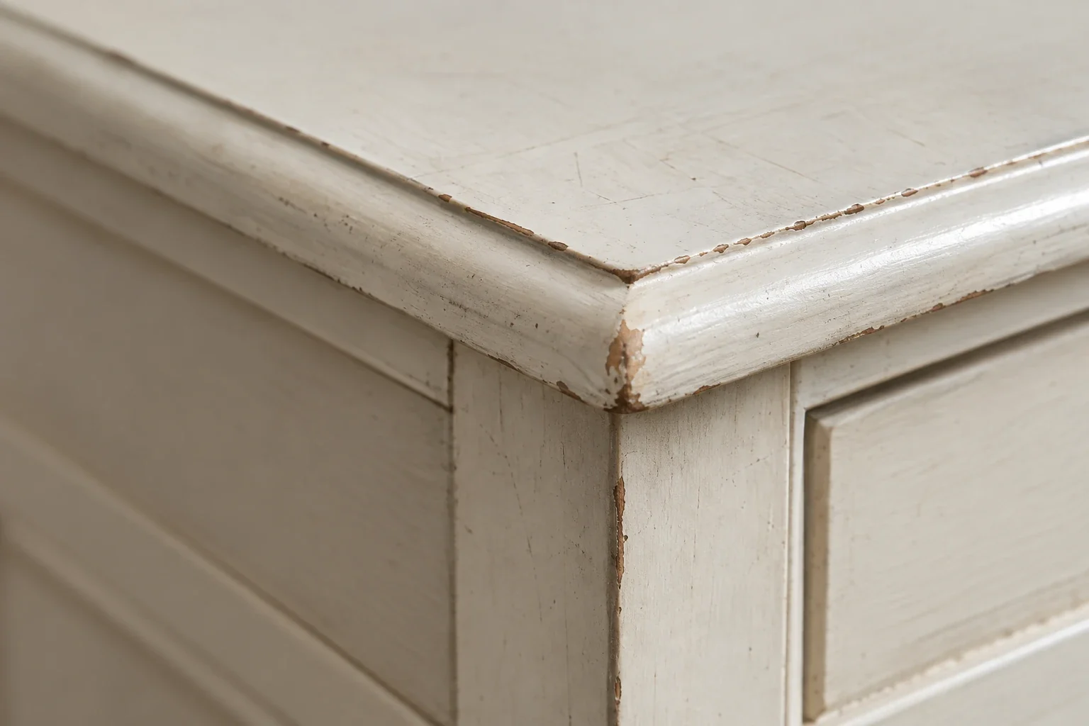 Off-white painted cabinet corner with paint chipped away to bare wood