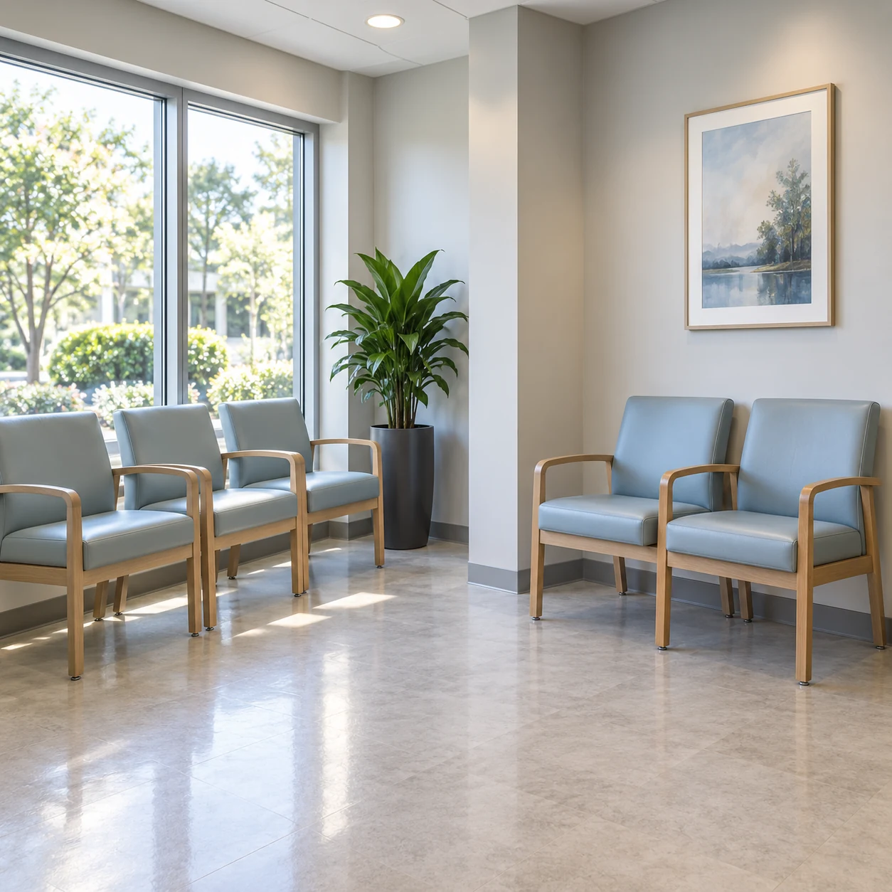 Pale blue medical waiting room chairs with wood arms