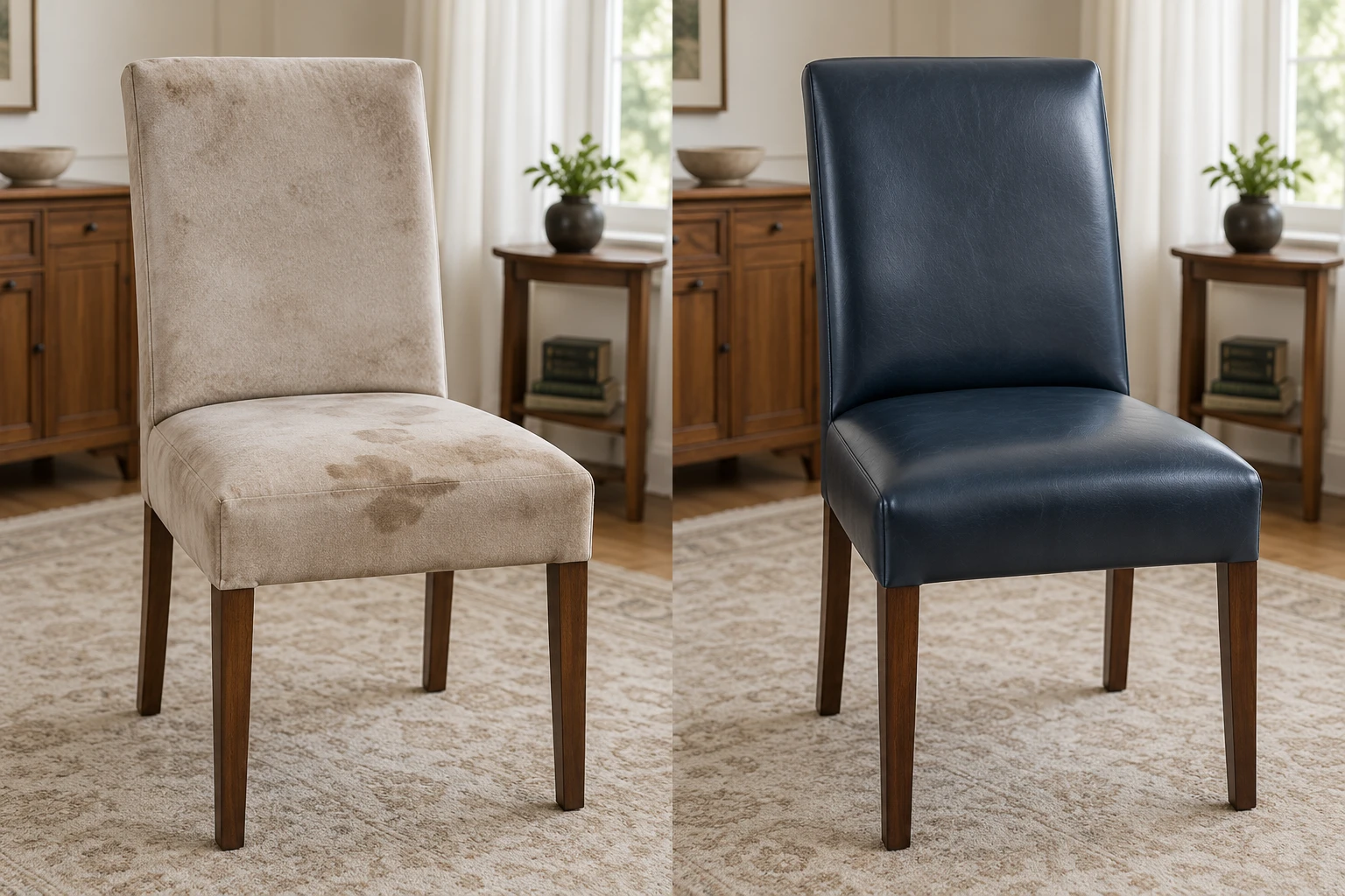 A fully upholstered Parsons dining chair shown twice: stained pale fabric on the left, the same chair recovered in navy leather on the right