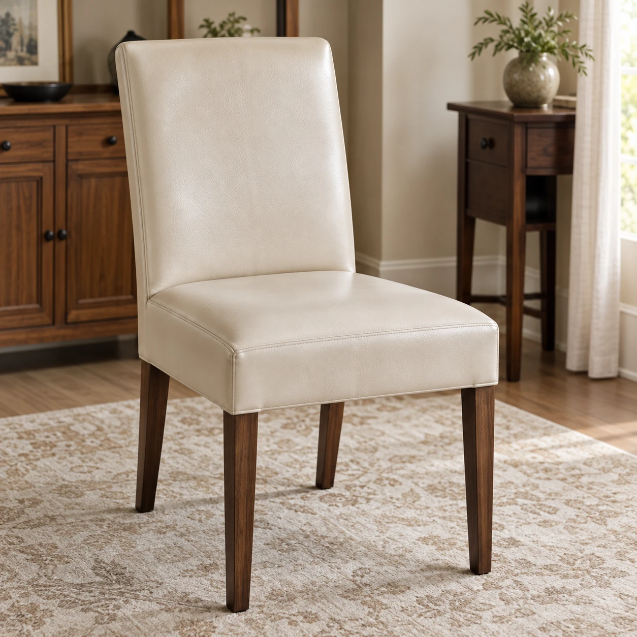 A fully upholstered Parsons dining chair covered in cream leather on tapered timber legs