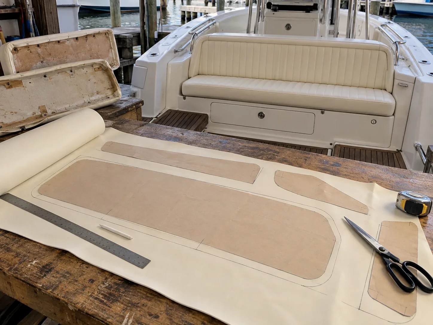 Pattern pieces chalked onto a sheet of marine vinyl