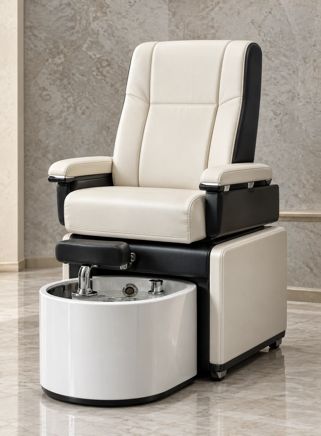 Pedicure chair reupholstery NYC — cream and black pedicure chair with a white basin shell