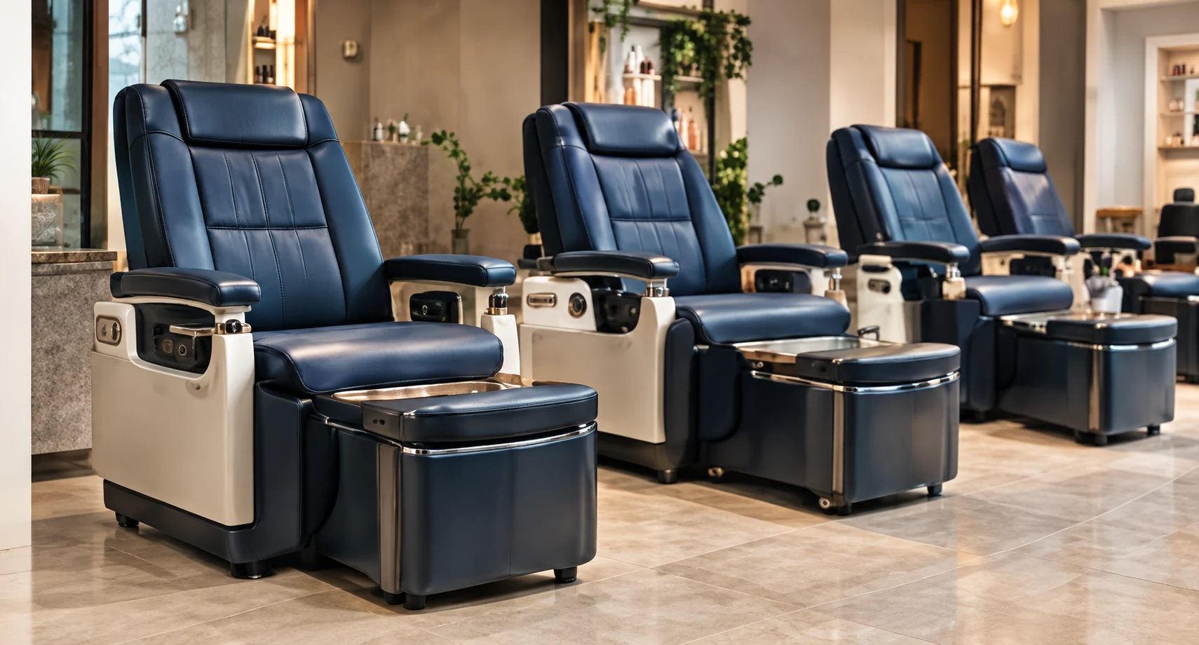 Row of navy pedicure chairs with white molded shell bases and built-in foot basins