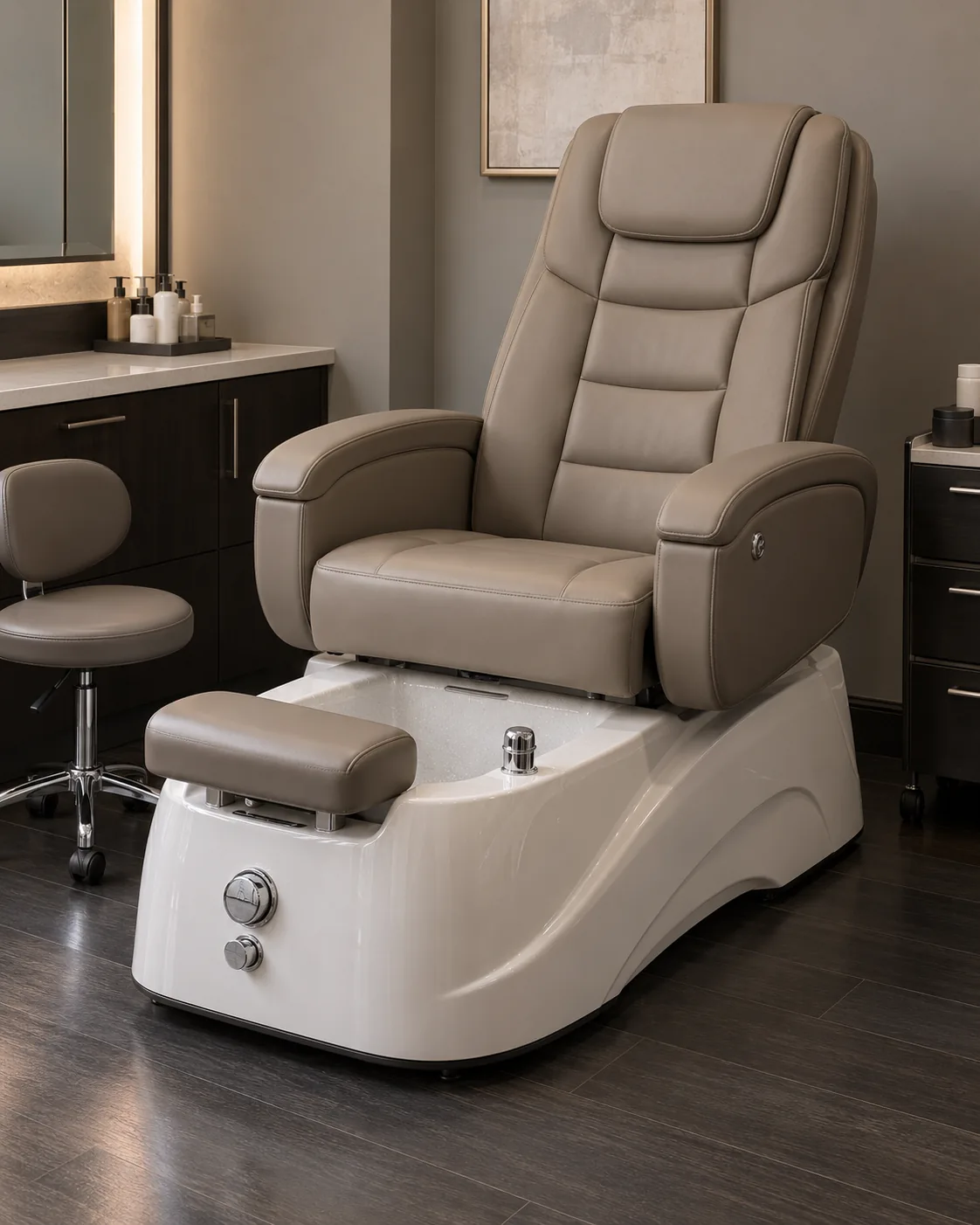 A taupe pedicure spa chair with its foot basin