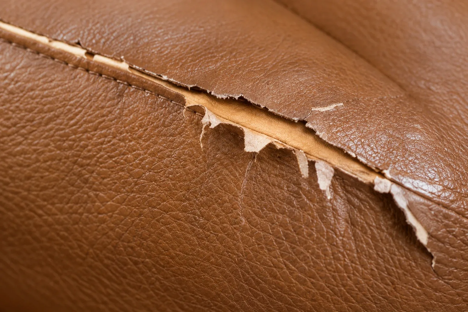 Brown leather peeling in a line along a seam where the panels meet