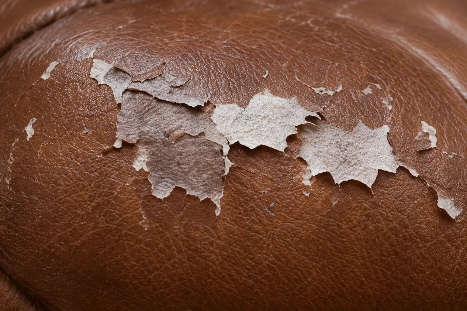 Pale flakes lifting in small patches across a brown leather sofa arm