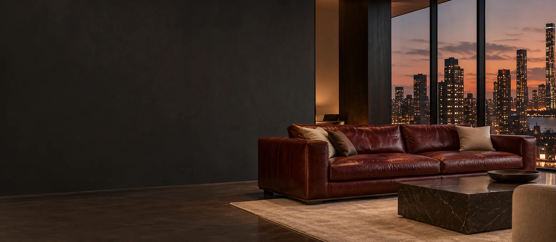 Penthouse living room at dusk with a restored designer leather sofa