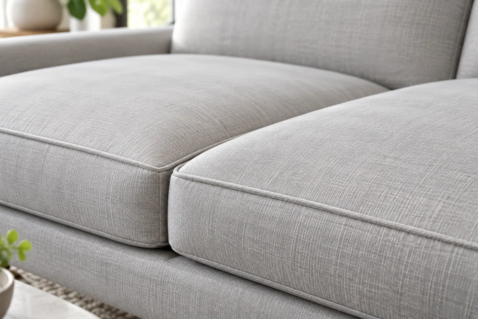 Corner detail of a performance fabric sofa