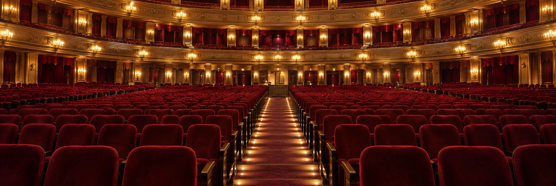Full house of red theater seats seen from the back row