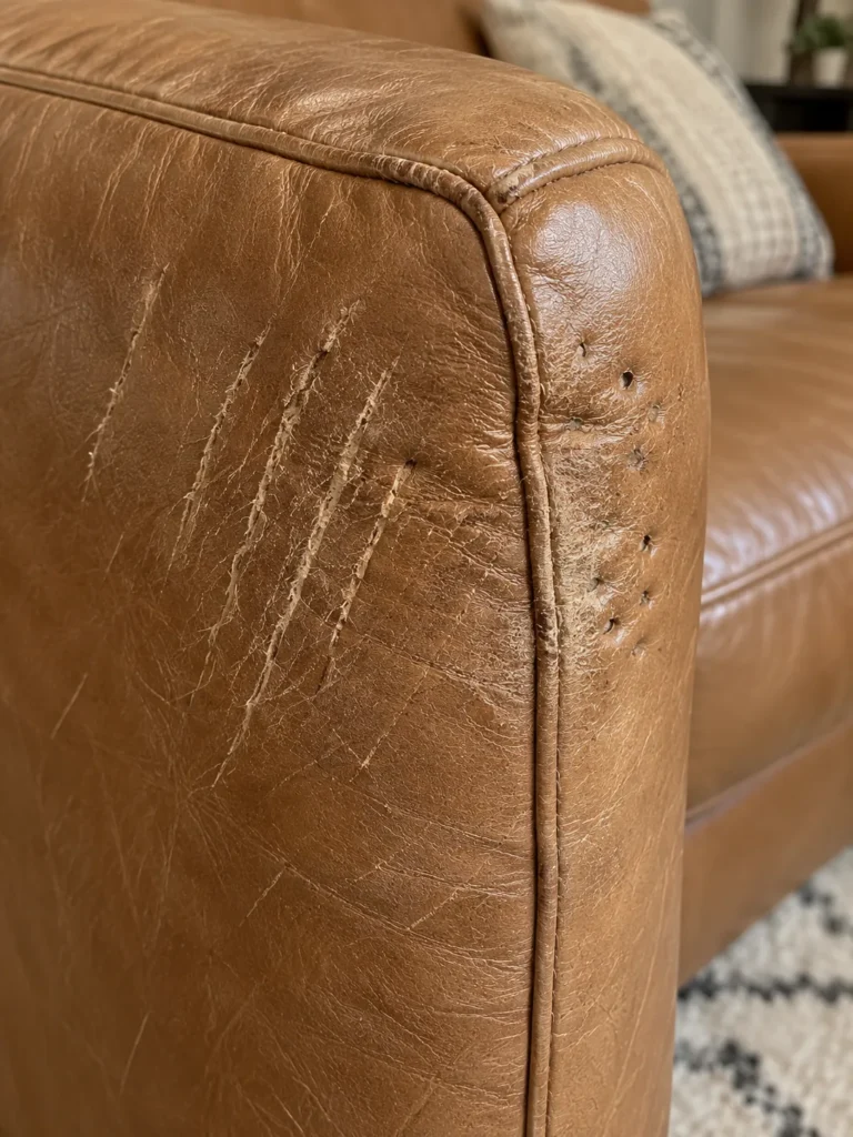 Claw scratches along a tan leather sofa arm