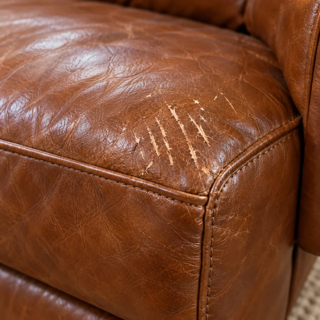 Claw marks on the front edge of a leather cushion