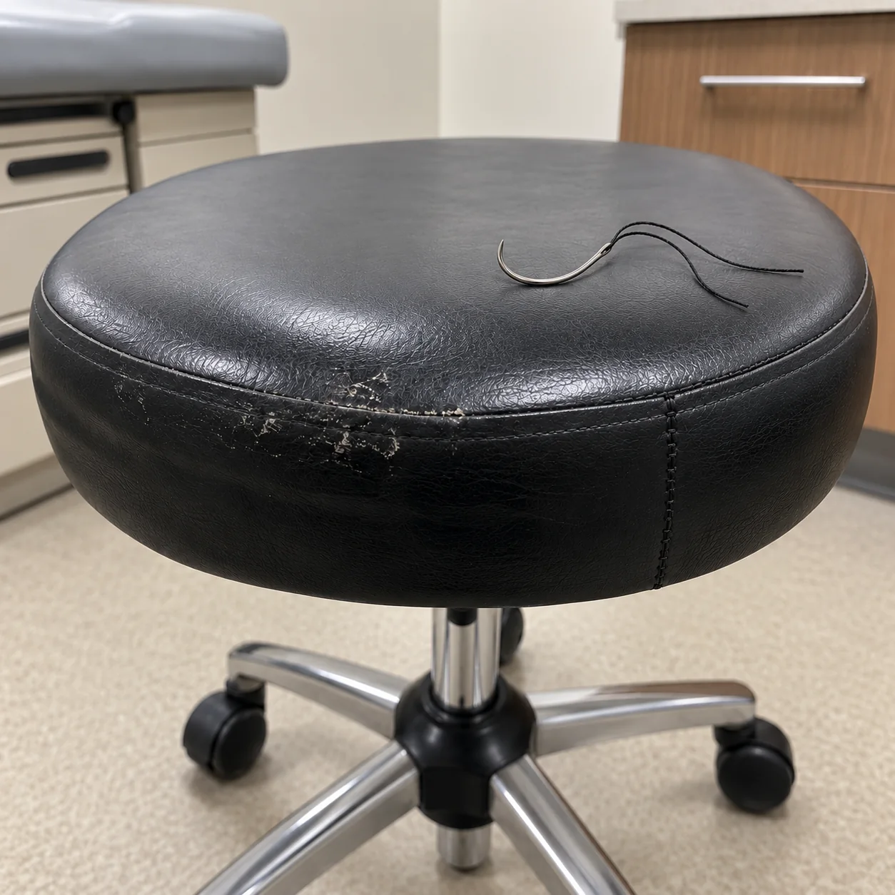The physician stool side seam closed with new stitching, curved needle and thread resting on the seat, edge scuffs still to refinish