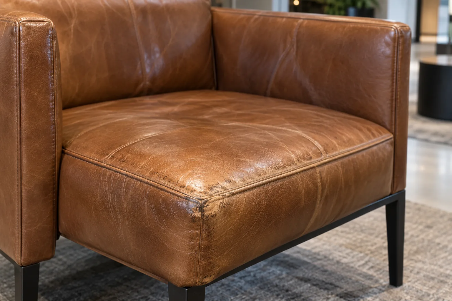 Close view of pigmented leather on a commercial armchair