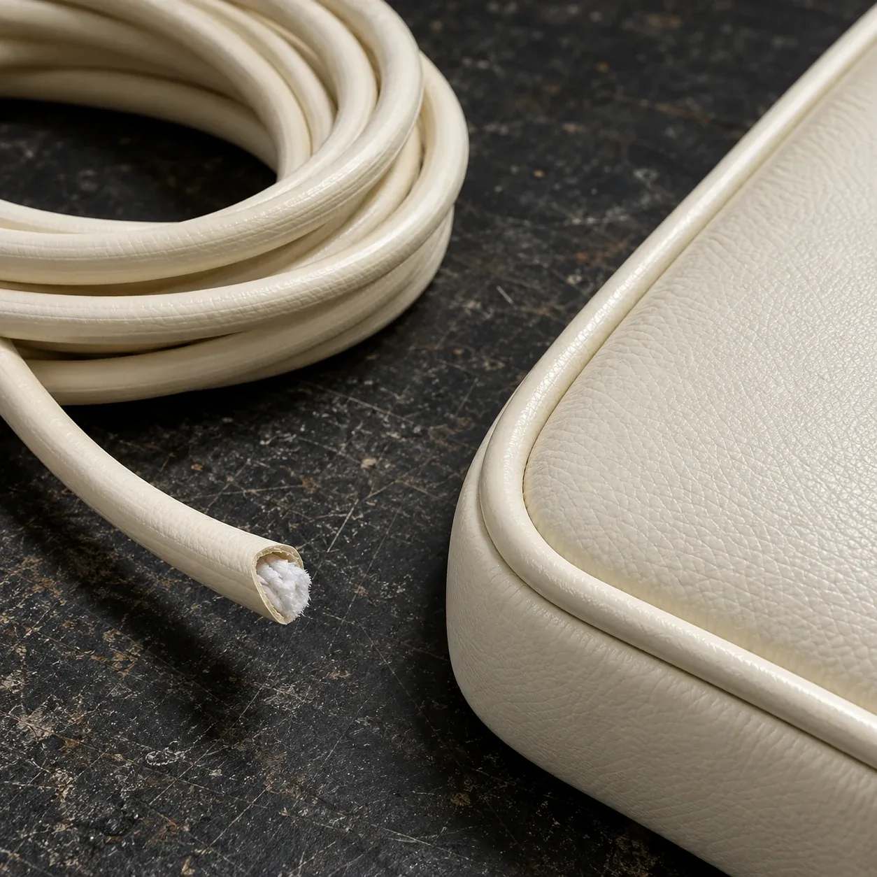 Piping and welt used in marine upholstery, close up
