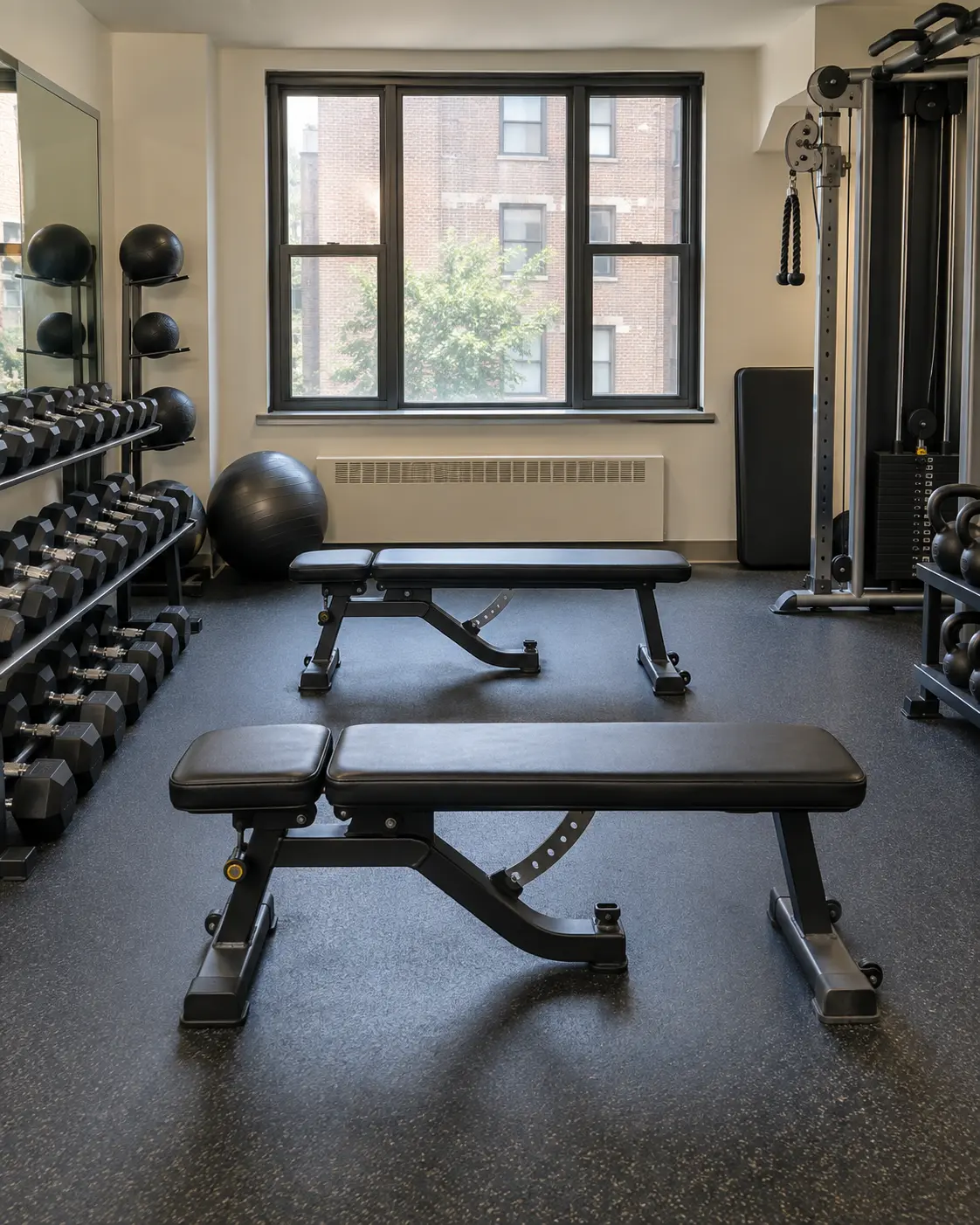 Fitness room benches photographed as a record shot