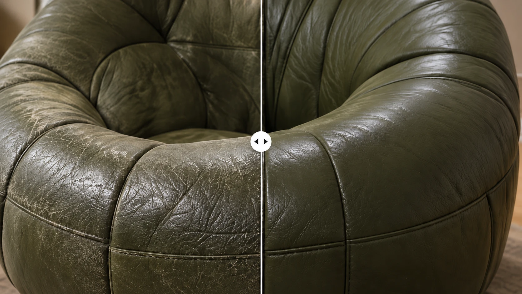 Green Ploum chair before and after leather repair