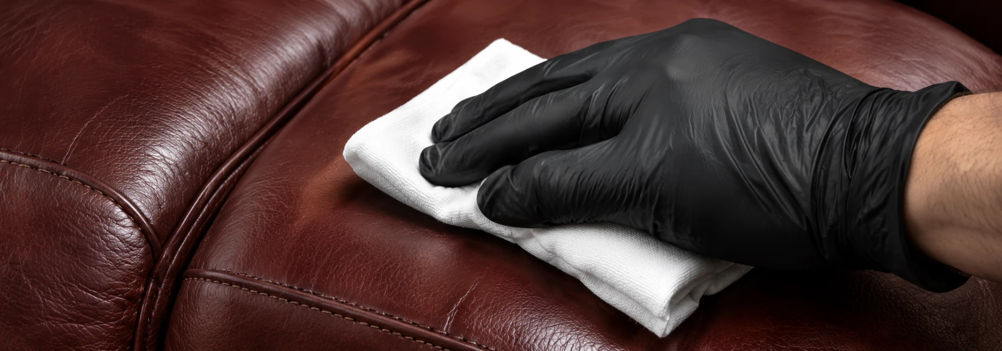 Gloved hand wiping an oxblood leather seat with a white microfibre cloth