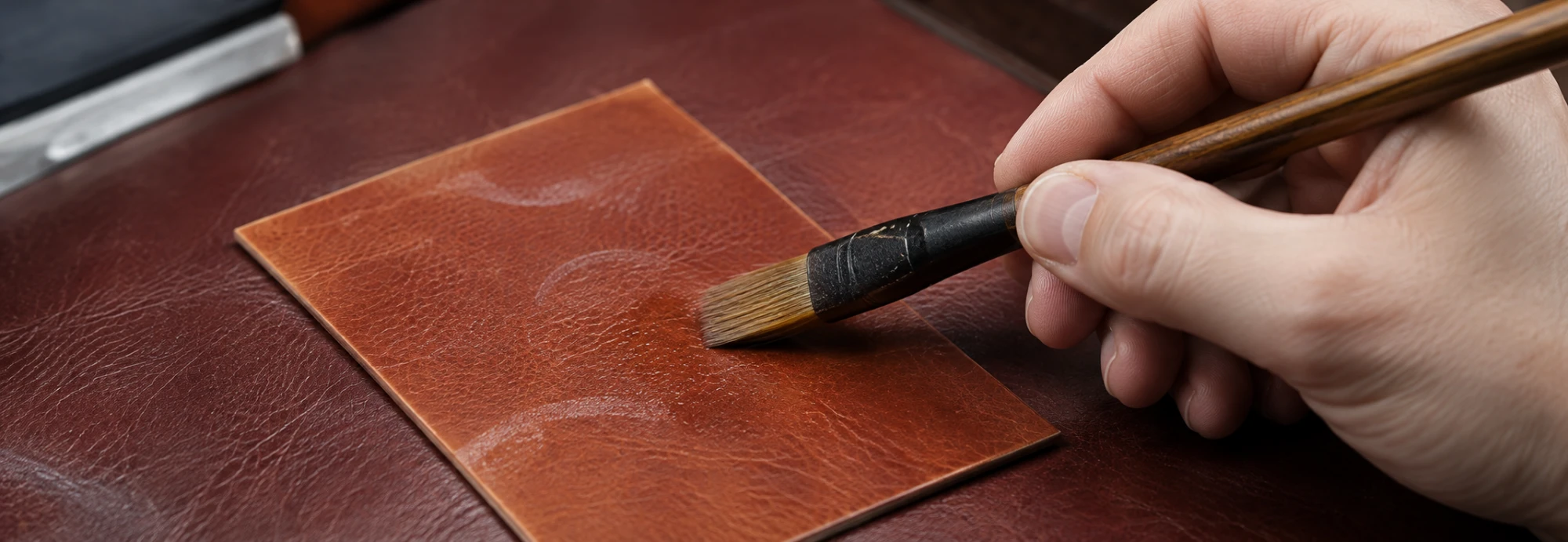 Brush laying translucent finish onto a tan leather test square