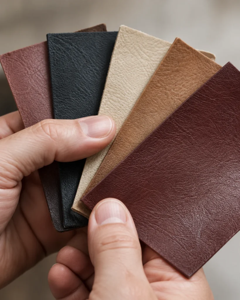 Hand holding a fan of leather color swatches