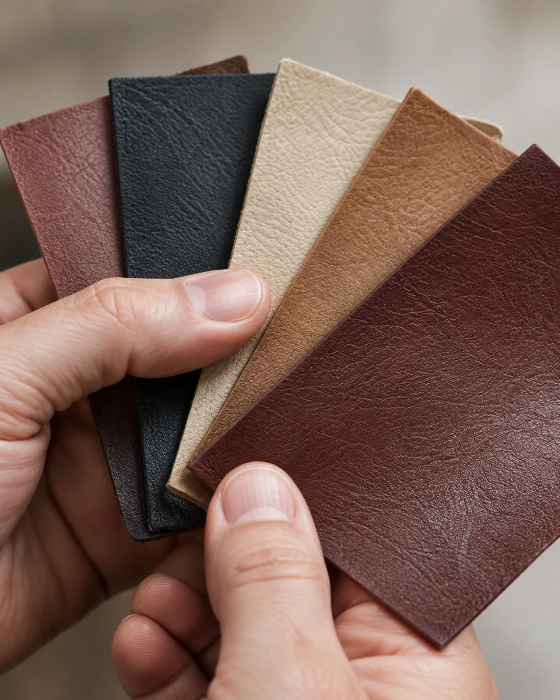 Hand fanning five leather swatches for colour matching