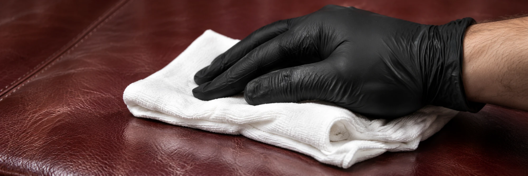 Gloved hand conditioning an oxblood leather surface