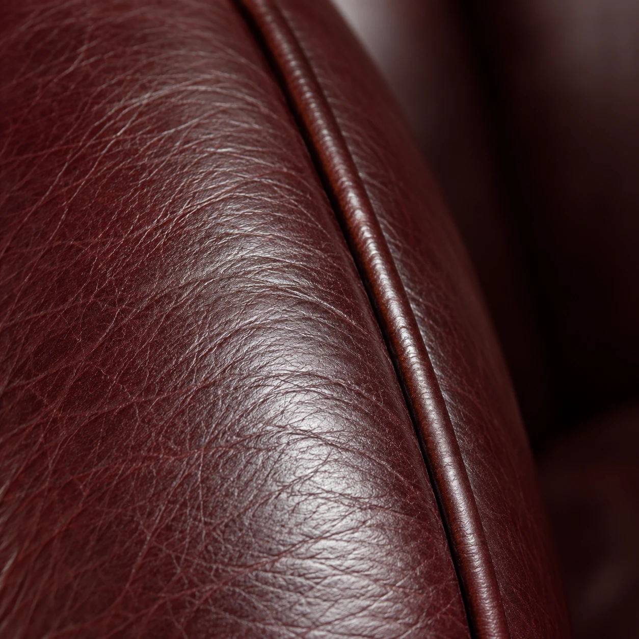 Piped edge running down an oxblood leather back cushion